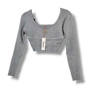 New Immodel‎ Grey Ribbed Square Neck Long Sleeve Cropped Sweater Top M